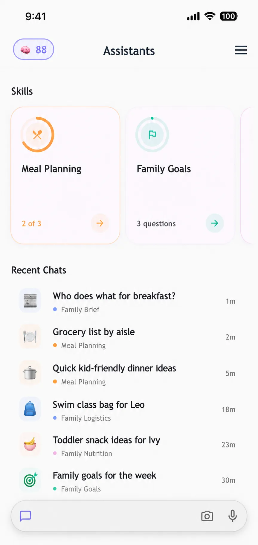 familymind assistants overview, showing skill cards and recent chats