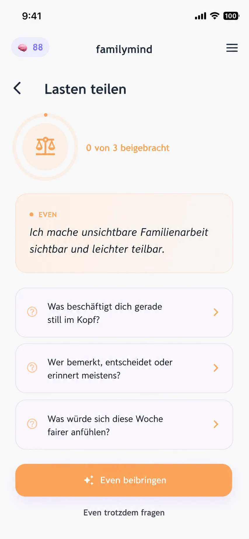 Die familymind App zeigt Even, die Skill fürs Lasten-Teilen, die die Programm-Reise trägt