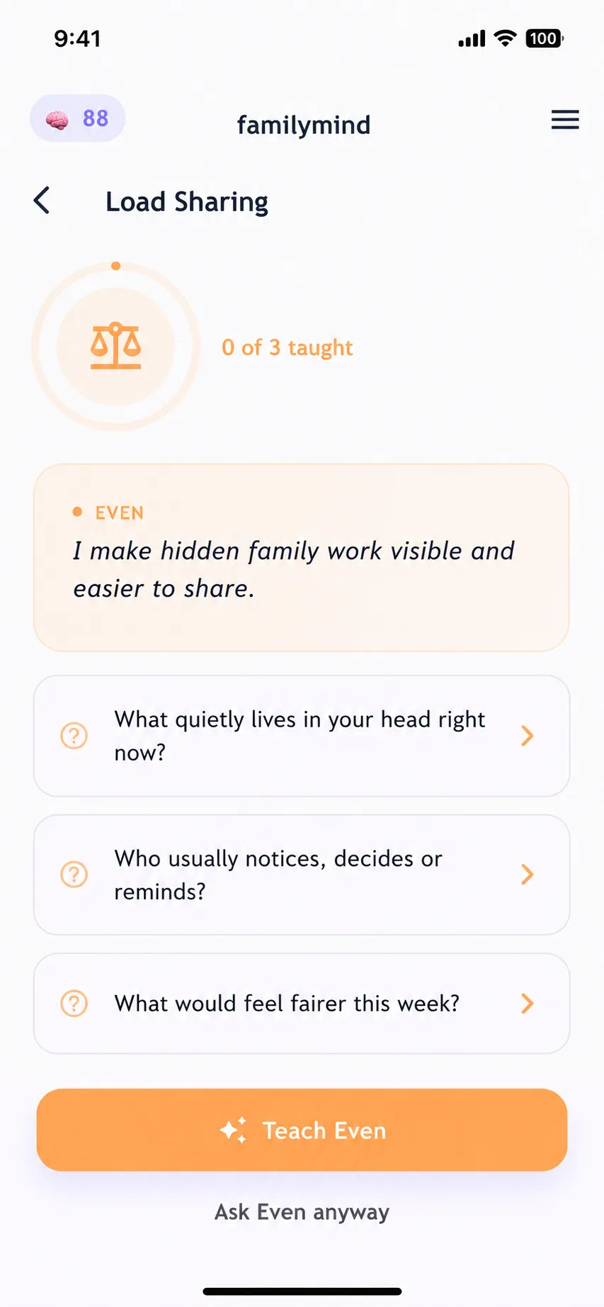 The familymind app showing Even, the load-sharing skill that hosts the program journey
