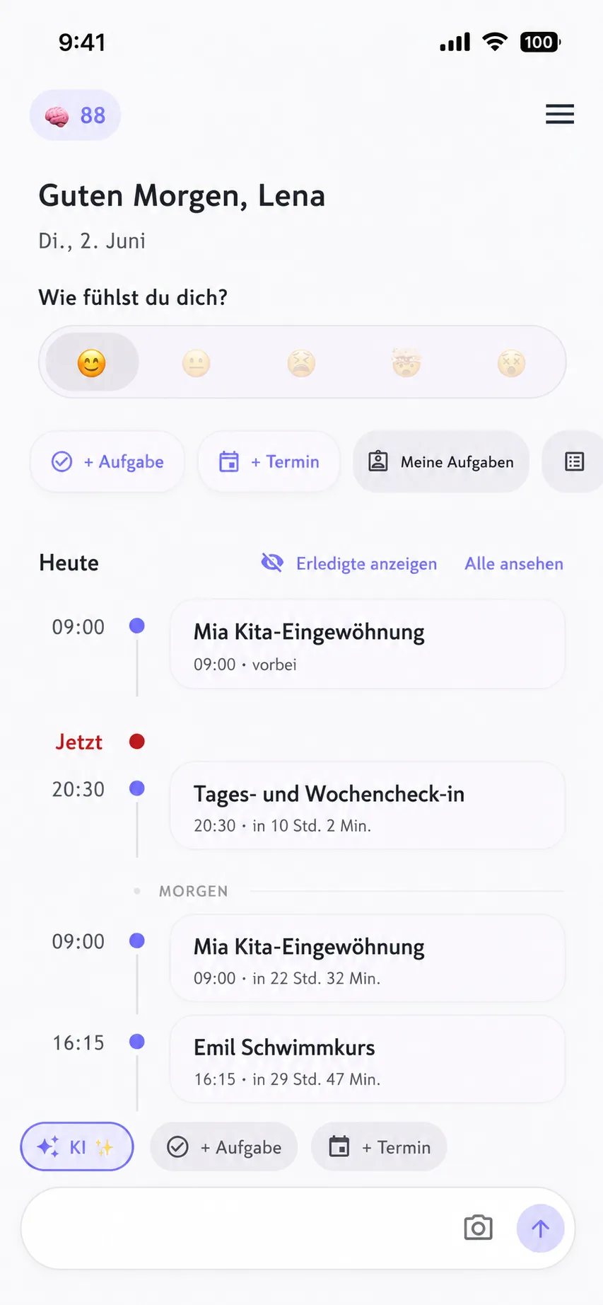 familymind Startbildschirm mit der heutigen Familien-Timeline und einem Stimmungs-Check-in