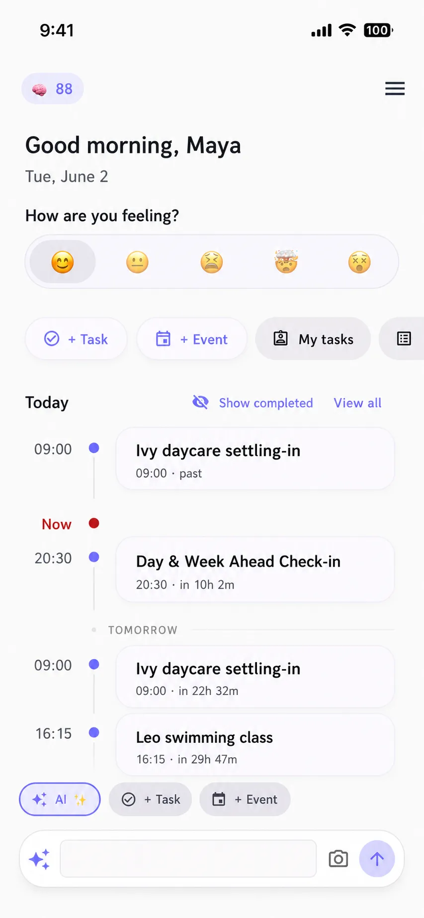 familymind home screen showing today's family timeline and a mood check-in