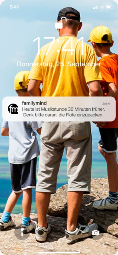 familymind Sperrbildschirm-Mitteilung: die Musikstunde beginnt heute 30 Minuten früher, die Flöte nicht vergessen