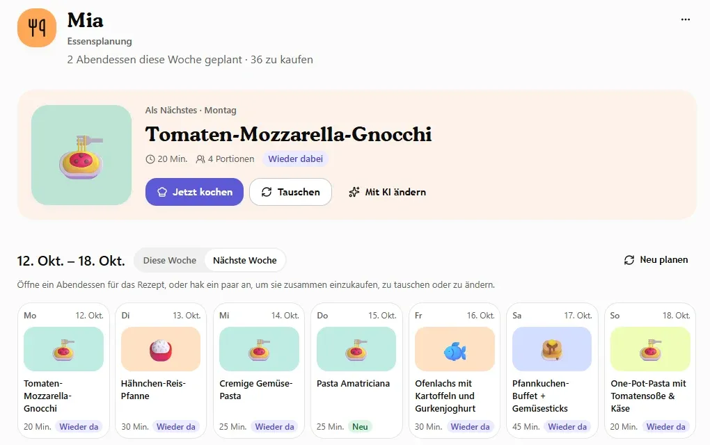 Die Essensplanung in der familymind Web-App: oben das nächste Abendessen mit Kochzeit und Portionen, darunter die Woche vom 12. bis 18. Oktober mit einem Gericht für jeden Abend