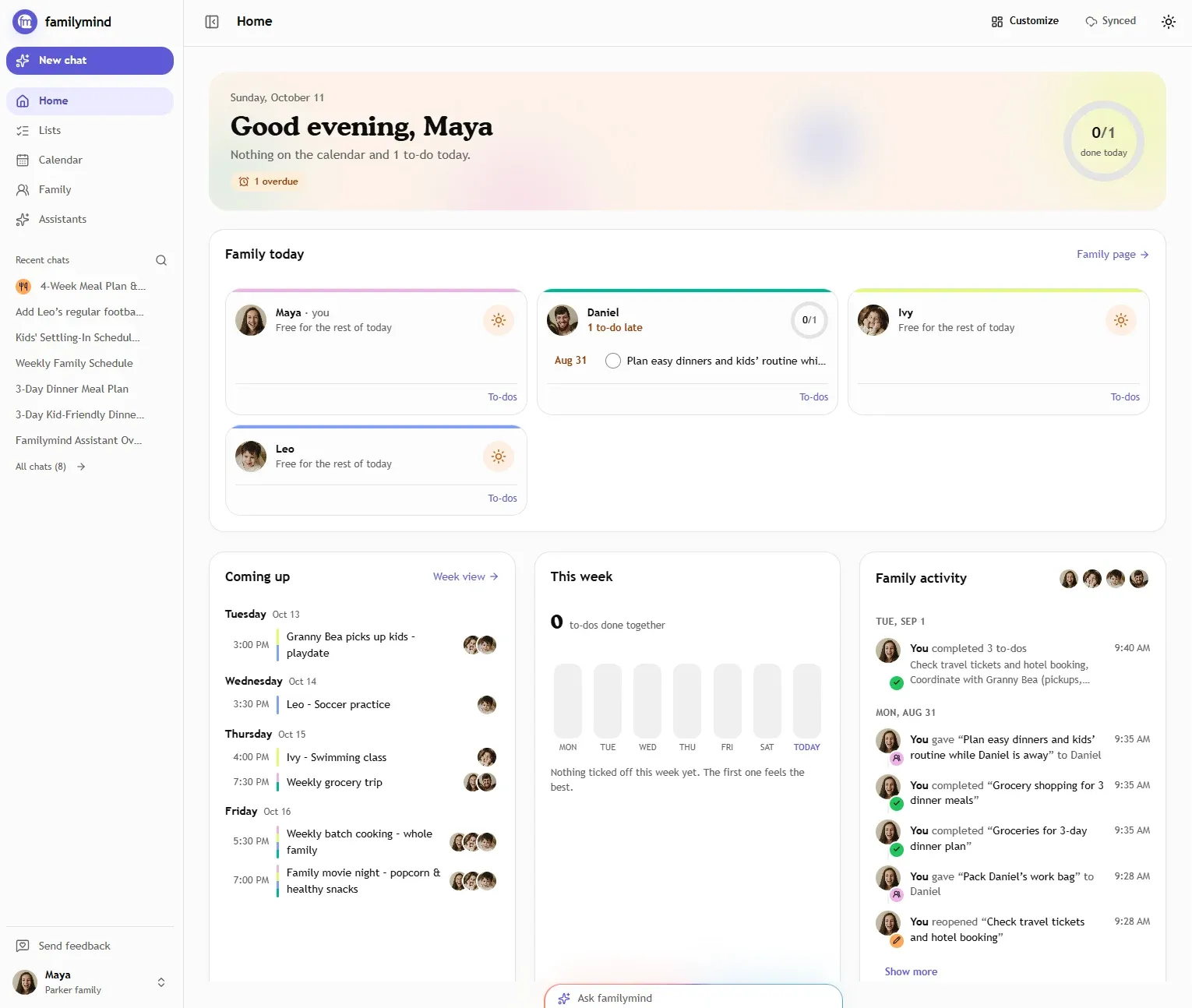 The familymind web app home screen: each family member with what is left for today, the appointments coming up this week, the tasks done together this week and the family activity feed