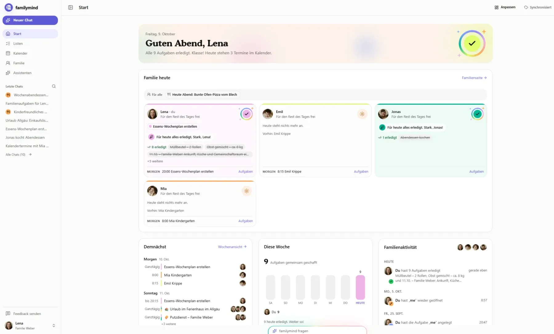 The familymind web app in the browser, showing the family week at a glance